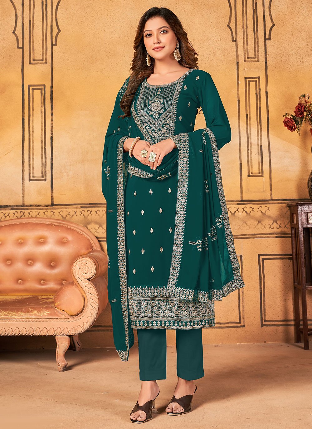 Teal Georgette Embroidered Pant Style Suit