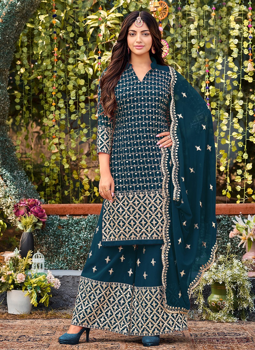 Exclusive Floral Designer Embroidery With Faux Mirror On Teal Viscose  Georgette Fabric