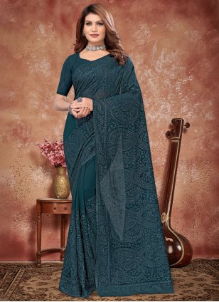 Teal Georgette Embroidered Traditional Saree