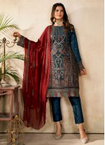 Teal Georgette Embroidered Trendy Salwar Suits