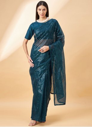 Teal Georgette Sequins Classic Sari