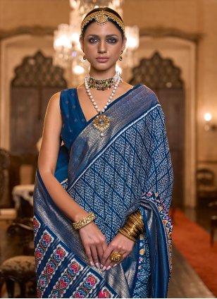Teal Patola Silk Printed Classic Sari