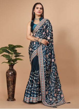 Teal Rangoli Embroidered Classic Sari