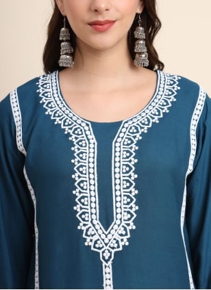 Teal Rayon Embroidered Designer Kurti