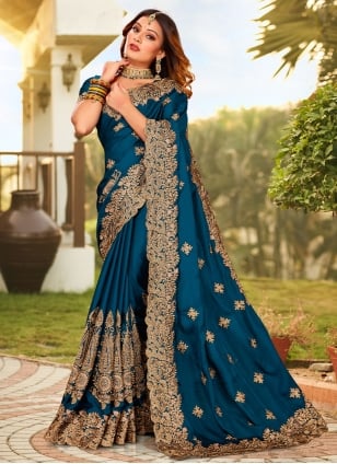 Teal Satin Embroidered Contemporary Sari