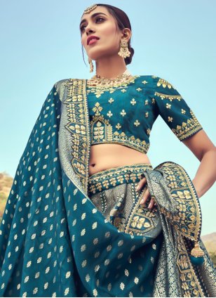 
                            Teal Silk Beads Designer A - Line Lehenga Choli for Wedding