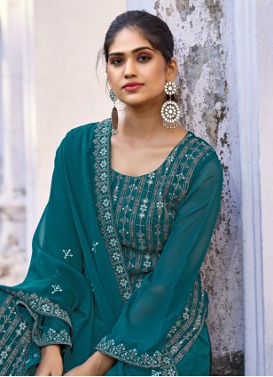Teal Silk Embroidered Trendy Salwar Suits