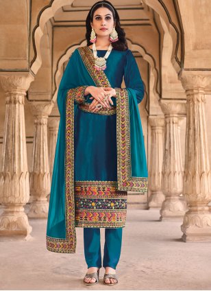 Designer Teal Velvet Embroidered Pant Style Salwar Suit