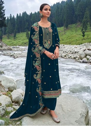 Teal Velvet Embroidered Trendy Salwar Suits