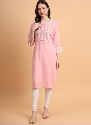 Thread Work Cotton Silk Designer Kurti in Pink