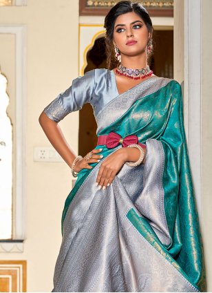 Turquoise Banarasi Silk Jacquard Contemporary Sari