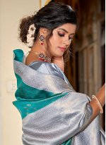 Turquoise Banarasi Silk Jacquard Contemporary Sari