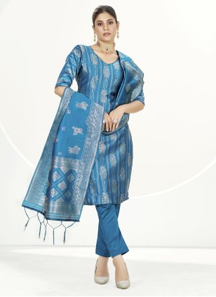 Turquoise Banarasi Silk Woven Straight Salwar Suit