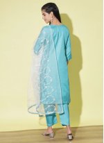Turquoise Cotton  Embroidered Pant Style Suit