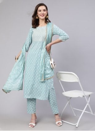 Turquoise Cotton  Embroidered Readymade Salwar Kameez