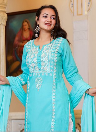 
                            Turquoise Cotton  Embroidered Salwar suit