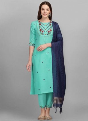 Turquoise Cotton  Embroidered Trendy Salwar Kameez