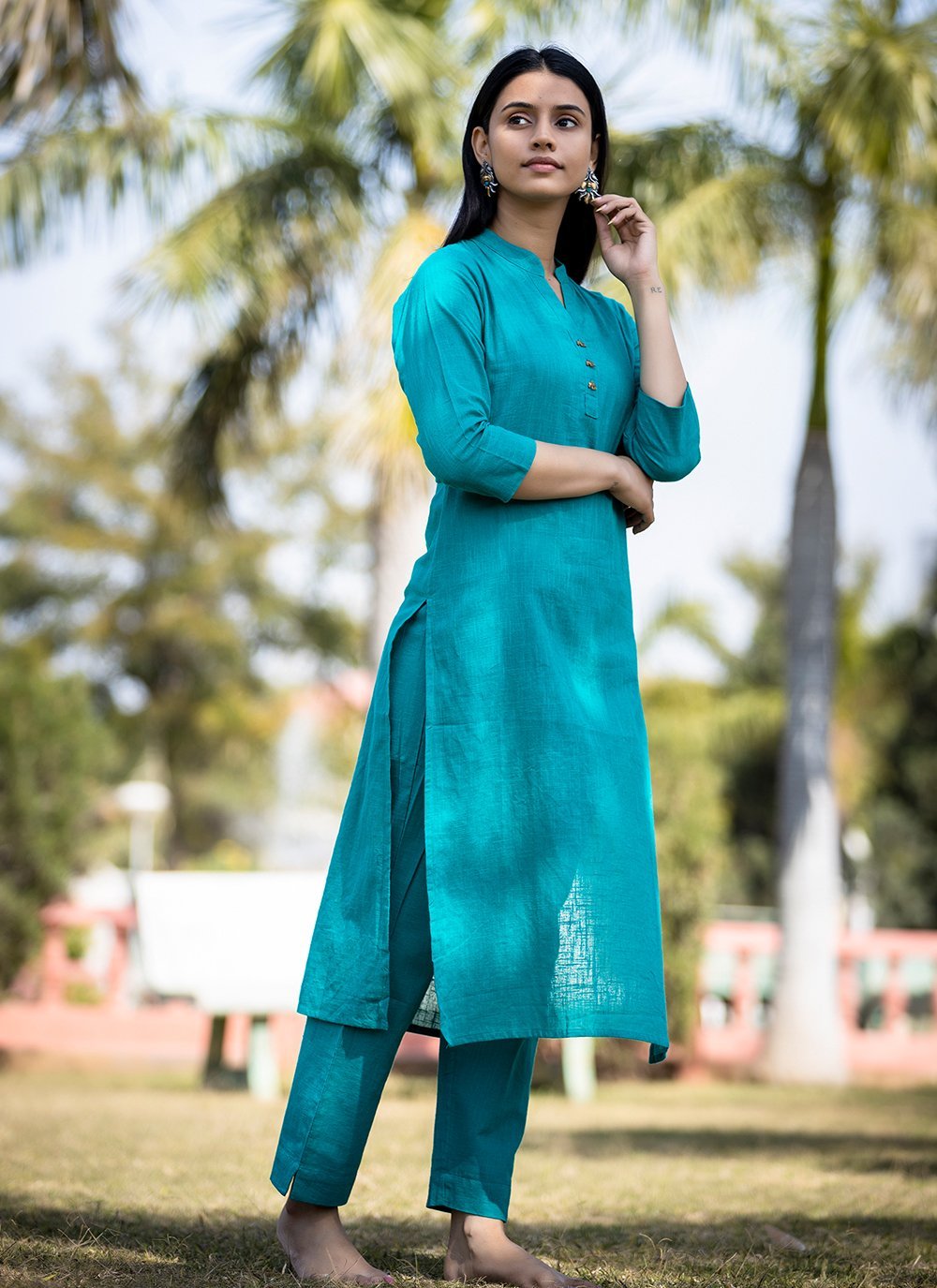 Buy Blue Collar V Neck Plain Indian Kurti Tunic Online for Women in USA