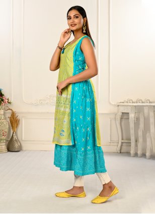 Turquoise Cotton  Printed Floor Length