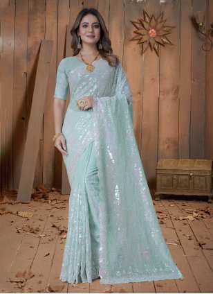 Turquoise Georgette Embroidered Classic Saree