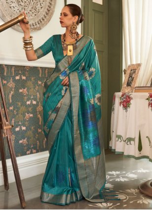 Turquoise Handloom Silk Weaving Classic Sari