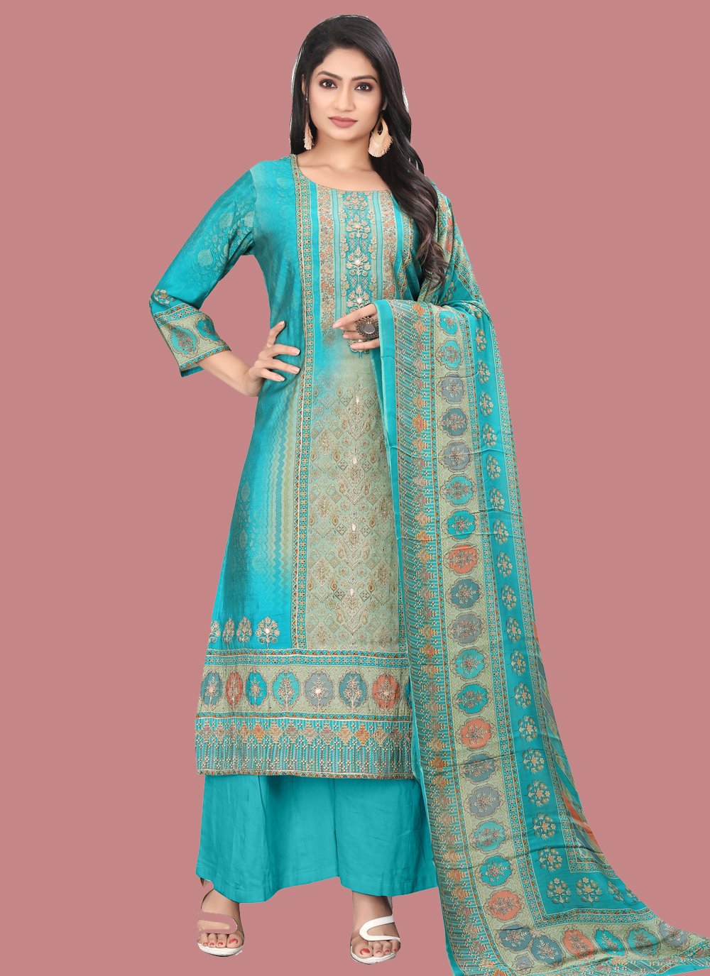 Turquoise Muslin Digital Print Trendy Salwar Kameez