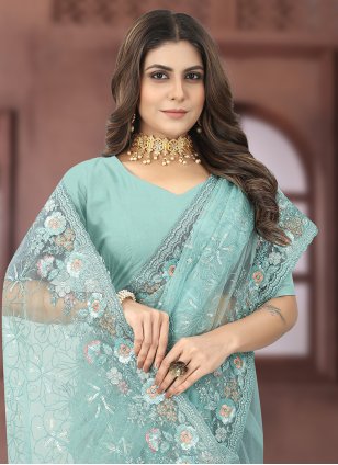 Turquoise Net Embroidered Contemporary Saree