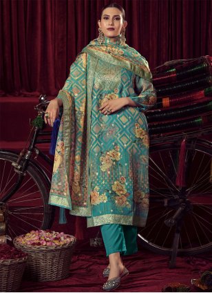 Turquoise Organza Digital Print Salwar suit