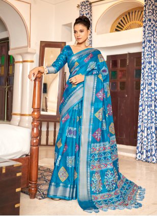 Turquoise Poly Cotton Printed Designer Saree