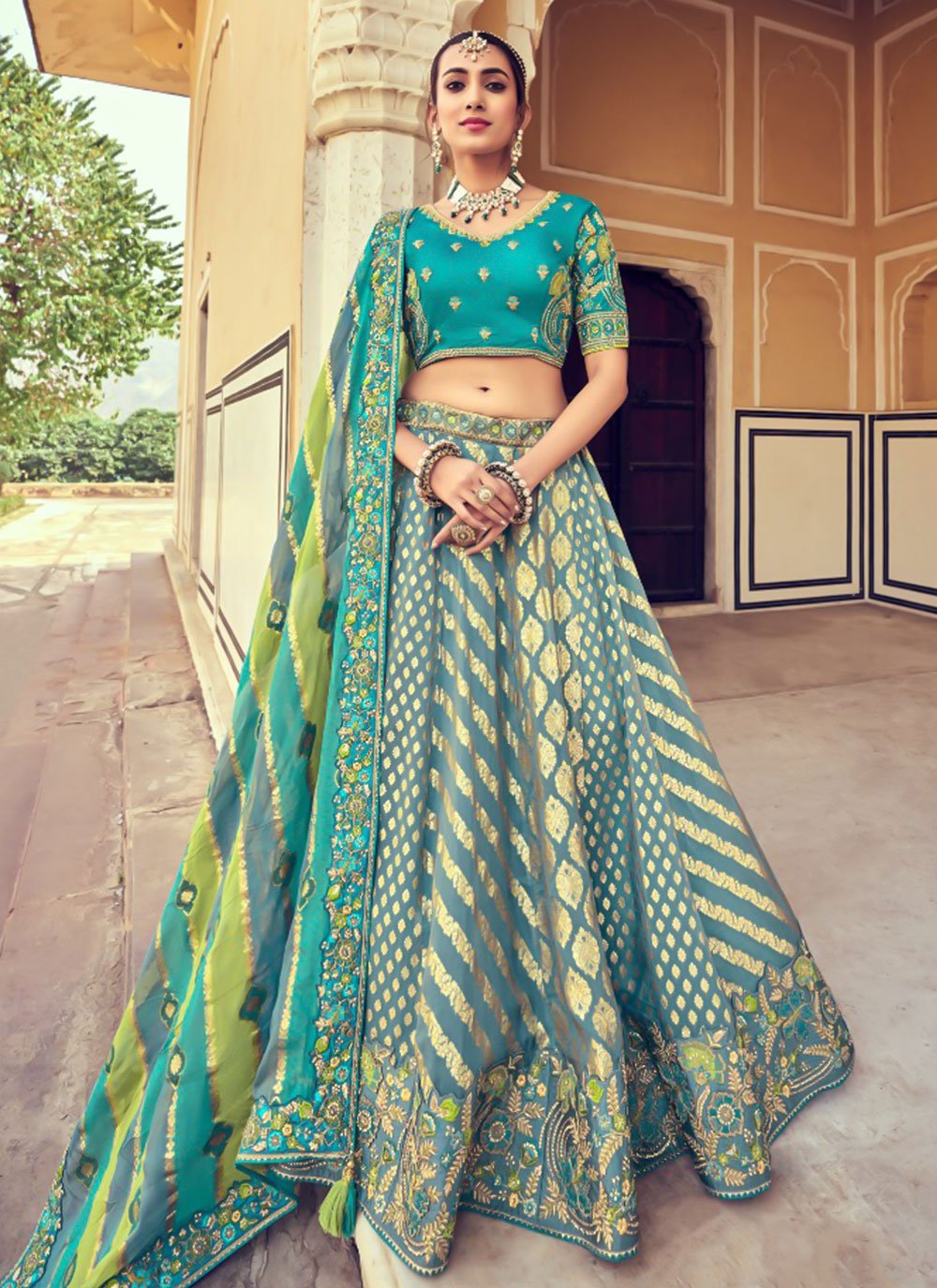 Turquoise Silk Beads Trendy Designer Ghagra Choli for Wedding