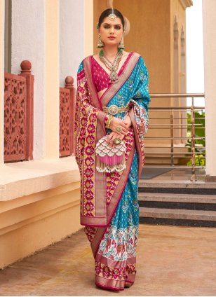 Turquoise Silk Patola Print Trendy Sari