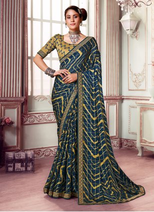 Turquoise Silk Printed Trendy Sari