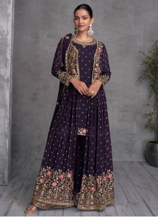Violet Georgette Embroidered Readymade Salwar Suits
