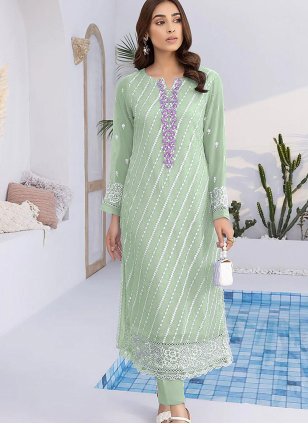 Voguish Pista green Embroidered work Straight Salwar Suit