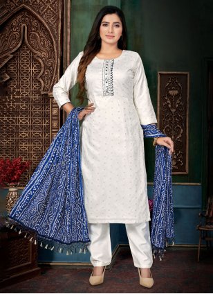 White Chanderi Embroidered Salwar suit