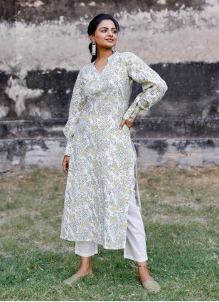 White Cotton  Digital Print Pant Style Readymade Salwar Suit
