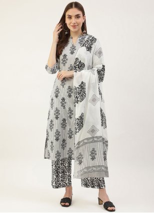 White Cotton  Printed Trendy Salwar Suits