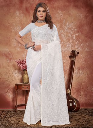 White Georgette Embroidered Classic Sari