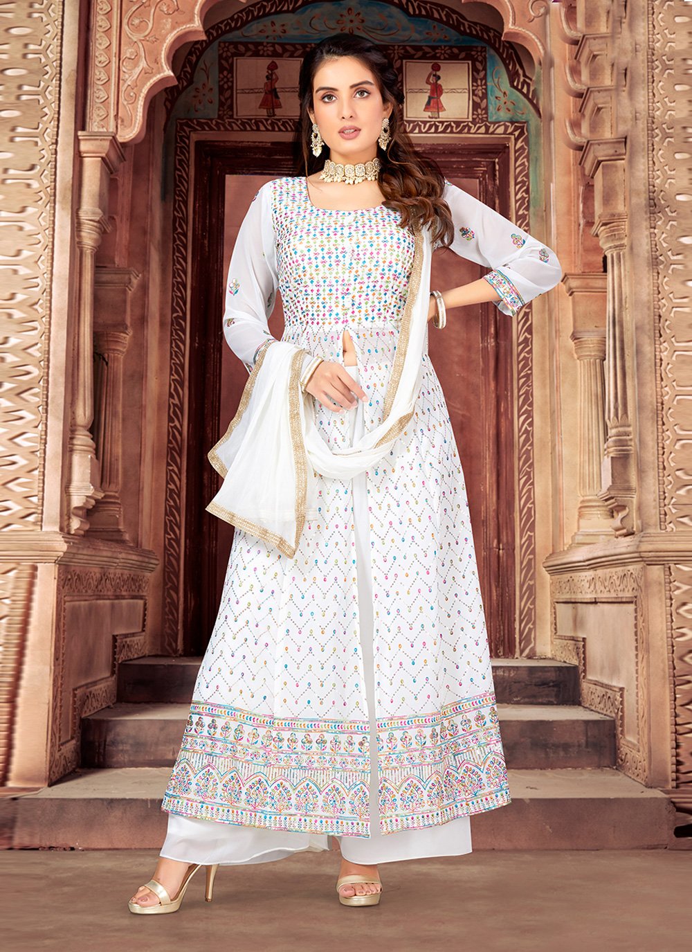 Buy Sanjhana Sanghi White Phulkari Anarkali Suit Online - SALA2126 |  Appelle Fashion