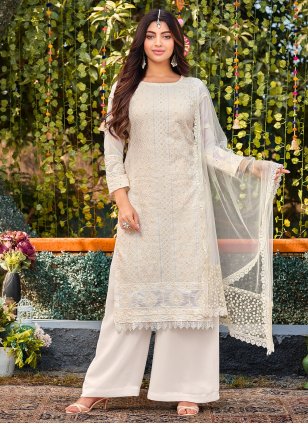 White Georgette Embroidered Trendy Salwar Suits