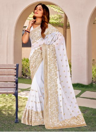 White Georgette Embroidered Trendy Sari