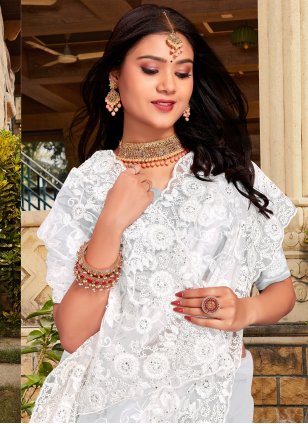 White Net Embroidered Classic Saree