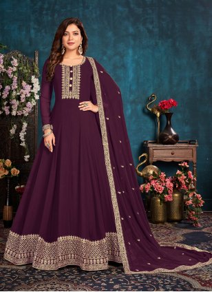 Wine color Georgette Designer Gown with Embroidered work