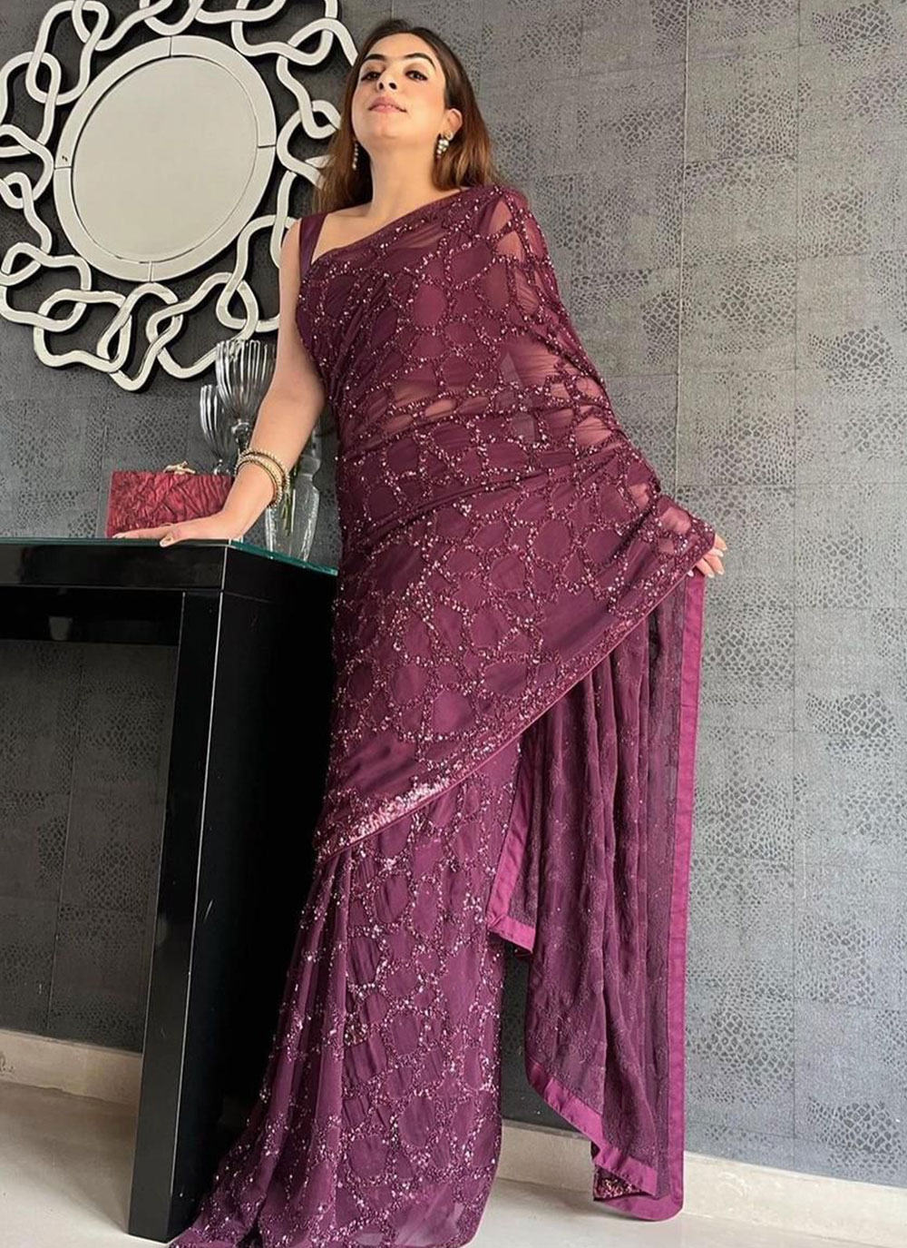 Buy Wine Swarovski Georgette Saree - Koskii