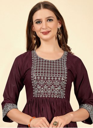 Wine Cotton  Embroidered Party Wear Kurti