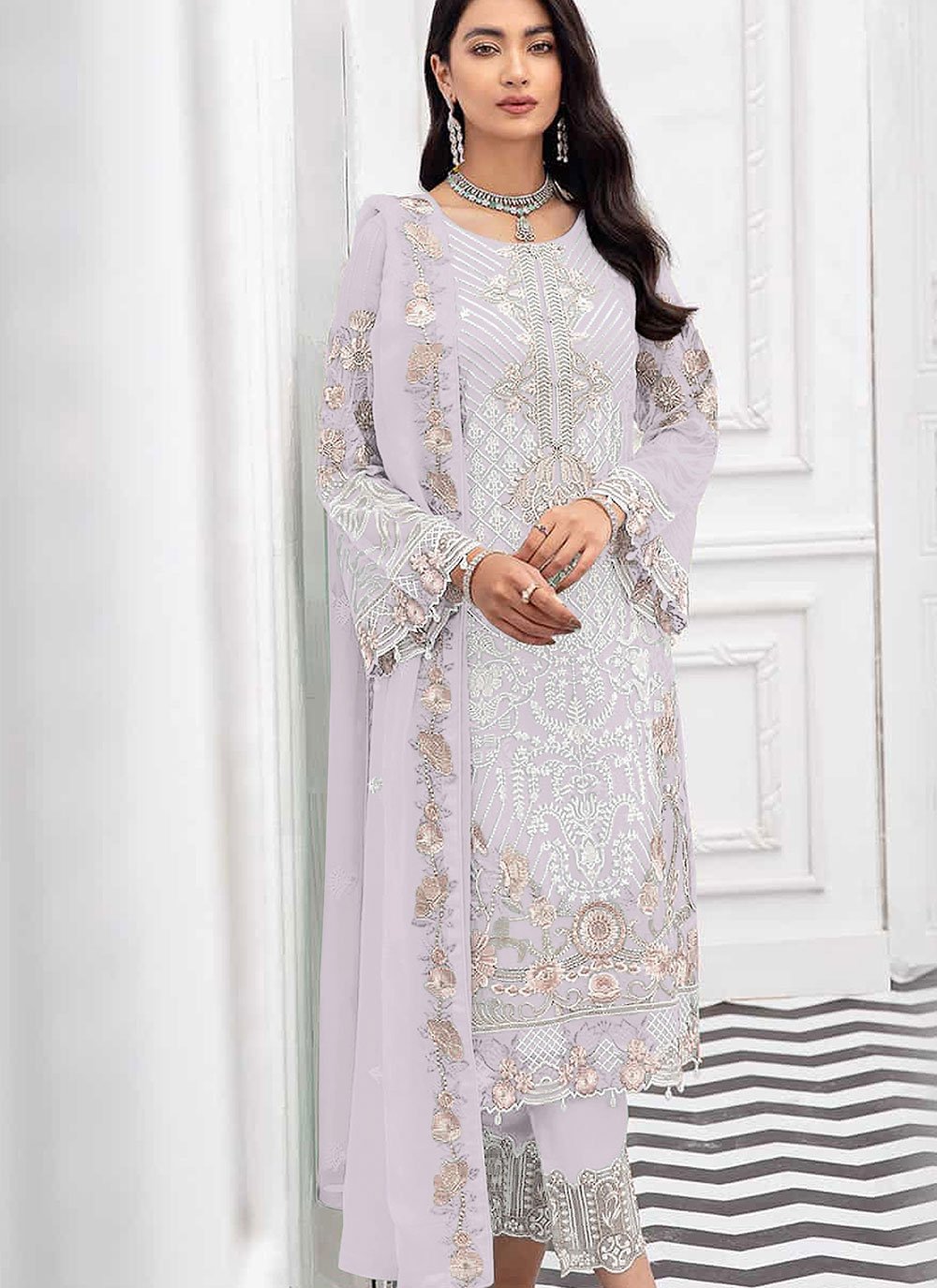Embroidered Pant Style Suit in White