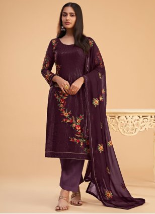 Wine Georgette Embroidered Straight Salwar Suit