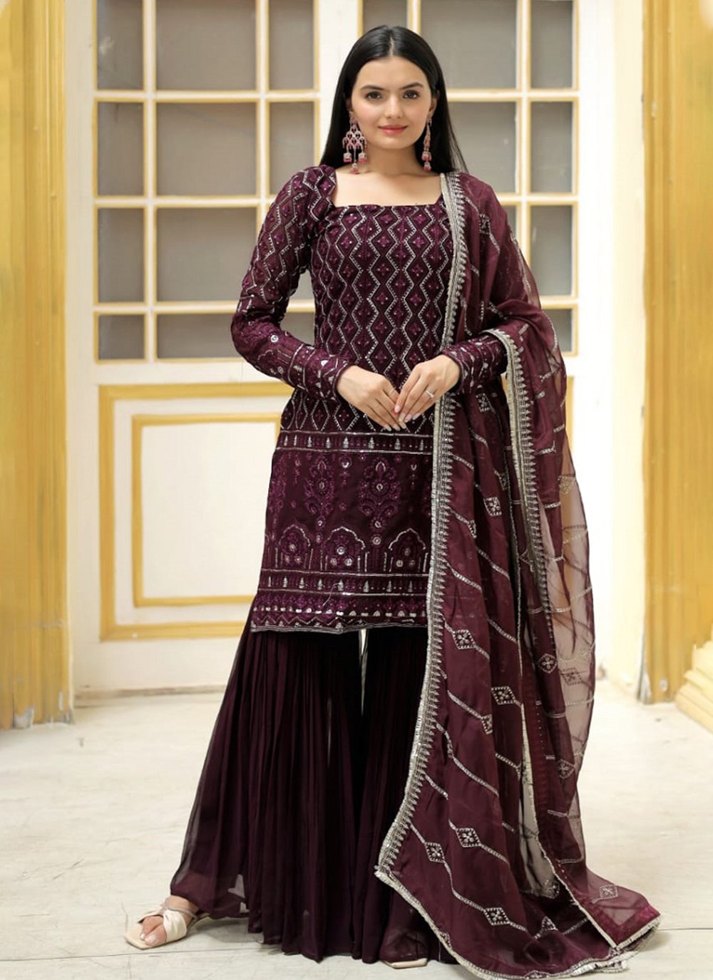 Wine Brocade Floral Print and Zari Woven Suit Set with Dupatta at Soch