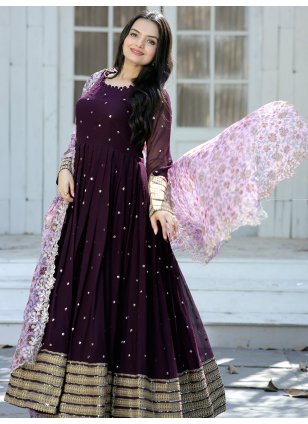 Wine Georgette Embroidered Trendy Trendy Gown