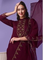 Wine Rayon Embroidered Readymade Salwar Suits